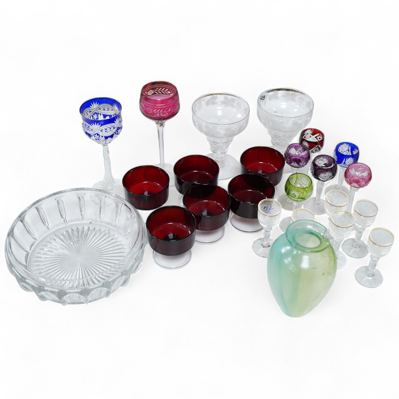 A collection of various glass ware to include hoc glasses, floral etched rummers etc.